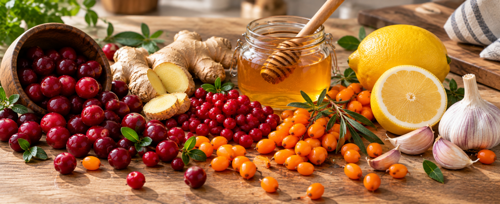 Сезонные продукты сентября для поддержки иммунитета: клюква, брусника, облепиха, натуральный мёд, имбирь, лимон и чеснок