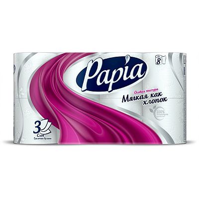 Туалетная бумага Papia трехслойная белая 8 шт