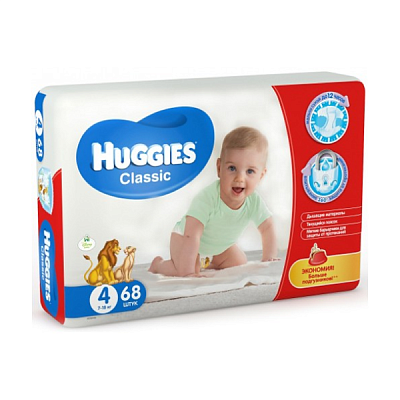  Подгузники HUGGIES Classic/Soft&Dry 4 размер (7-18кг) 68шт в интернет-магазине свежих фермерских продуктов Apeti.ru