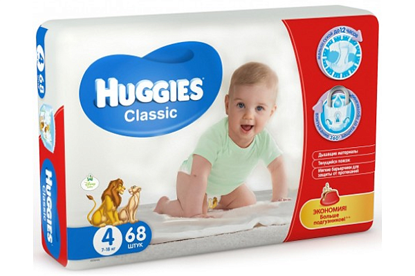 Подгузники HUGGIES Classic/Soft&Dry 4 размер (7-18кг) 68шт в интернет-магазине продуктов с Преображенского рынка Apeti.ru
