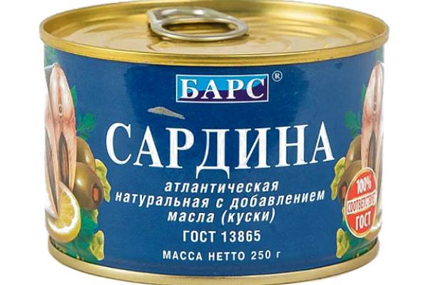  Сардина атлантическая "Барс" натуральная с добавлением масла 250 г в интернет-магазине продуктов с Преображенского рынка Apeti.ru