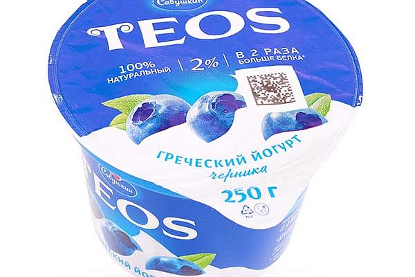  Йогурт TEOS греческий черника 2% 250 г в интернет-магазине продуктов с Преображенского рынка Apeti.ru