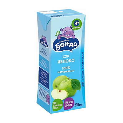 Сок Бегемотик Бонди Яблоко прямой отжим без сахара 0.2л в интернет-магазине свежих фермерских продуктов Apeti.ru