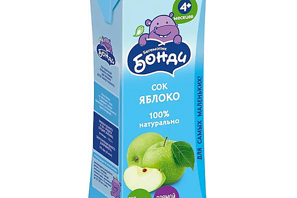  Сок Бегемотик Бонди Яблоко прямой отжим без сахара 0.2л в интернет-магазине продуктов с Преображенского рынка Apeti.ru