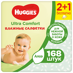  Салфетки влажные HUGGIES Ultra Comfort алое 168шт (56шт*3)  в интернет-магазине свежих фермерских продуктов Apeti.ru