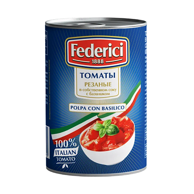  Томаты резаные Federici в собственном соку с базиликом 425 г в интернет-магазине свежих фермерских продуктов Apeti.ru