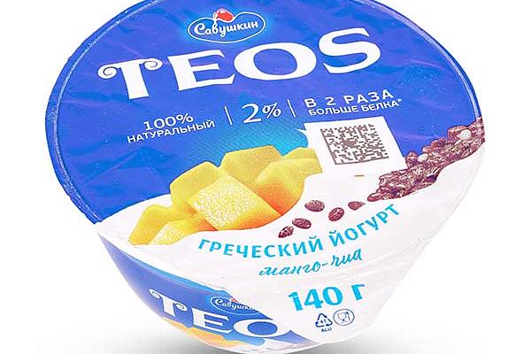  Йогурт TEOS греческий манго-чиа 2% 140 г в интернет-магазине продуктов с Преображенского рынка Apeti.ru