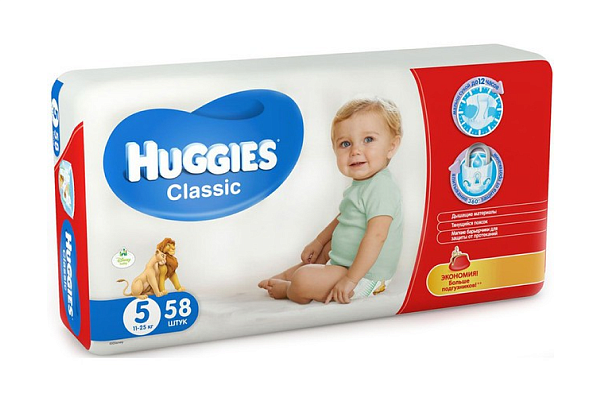  Подгузники HUGGIES Classic/Soft&Dry 5 размер (11-25кг) 58шт в интернет-магазине продуктов с Преображенского рынка Apeti.ru