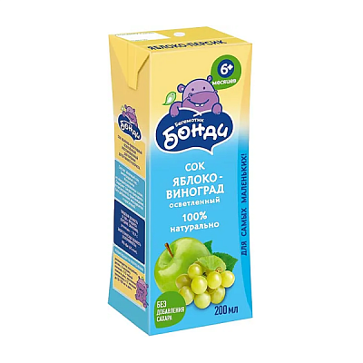 Сок Бегемотик Бонди Яблоко-Виноград без сахара 0.2л в Apeti.ru Сок Бегемотик Бонди Яблоко-Виноград без сахара 0.2л в интернет-магазине свежих фермерских продуктов Apeti.ru