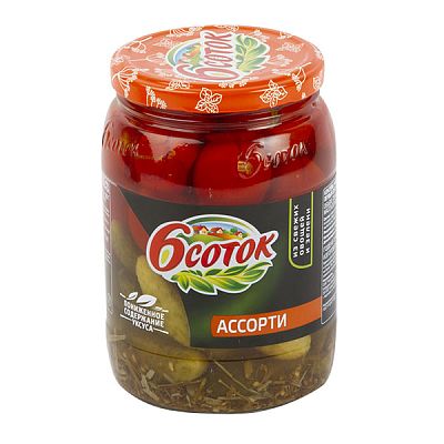 Ассорти маринованное 6 соток огурцы и помидоры 680 г