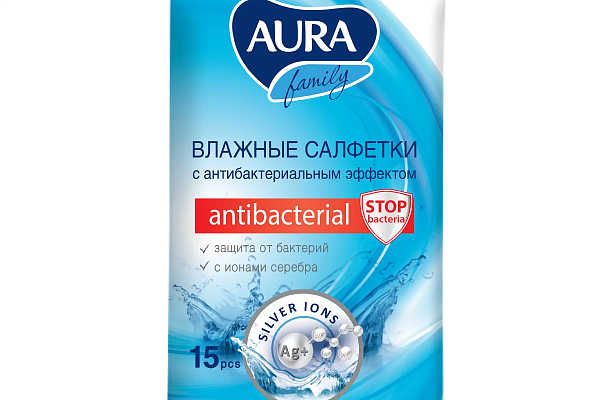  Салфетки влажные Aura Family антибактериальные  15 шт  в интернет-магазине продуктов с Преображенского рынка Apeti.ru