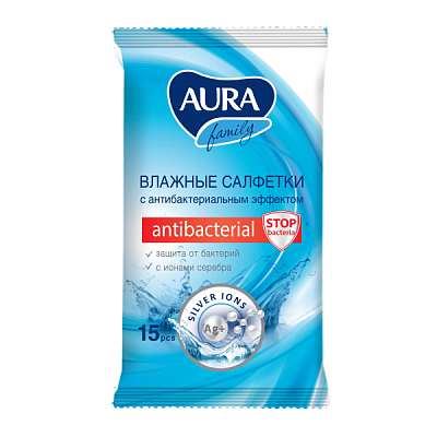 Салфетки влажные Aura Family антибактериальные  15 шт