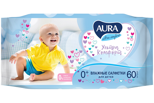  Салфетки влажные Aura Ultra comfort детские 60 шт  в интернет-магазине продуктов с Преображенского рынка Apeti.ru