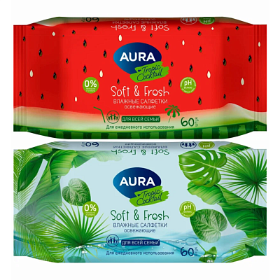 Салфетки влажные Aura Tropic Cocktail освежающие 60 шт в ассортименте 