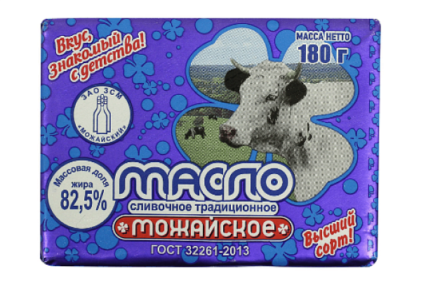 Масло сливочное Можайское традиционное  ГОСТ  82,5% БЗМЖ 180г  в интернет-магазине продуктов с Преображенского рынка Apeti.ru