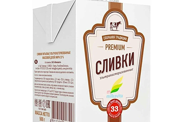  Сливки Milkavita Premium 33% 500 г в интернет-магазине продуктов с Преображенского рынка Apeti.ru
